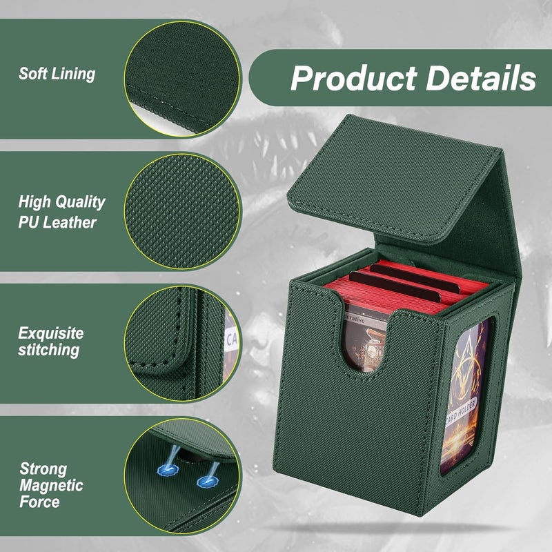 Stepane MTG Deck Box, Double Display Window MTG, Commander Deck Box Fits 120+ Single Sleeved Cards, PU Leather Magnetic Closure Card Box with 2 Dividers&2 Toploaders for TCG, CCG, Green - Image 2